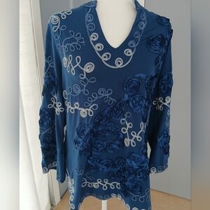 Lauren Michelle Top  Blue Sz XL Embellished Tunic Ribbon Rosettes 3/4 Sleeve  FL